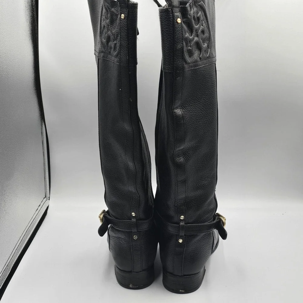 Tory Burch Black Pebbled Leather Riding Boots Size 9M Embossed Logo Gold Buckle